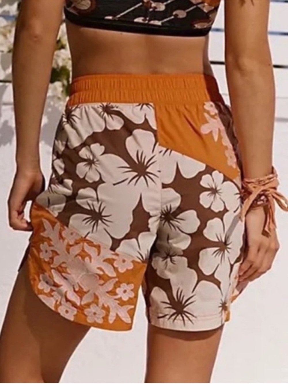 FP Movement Medium Shorts Prime Time Hike Vintage Tropical Print in Dark Orange